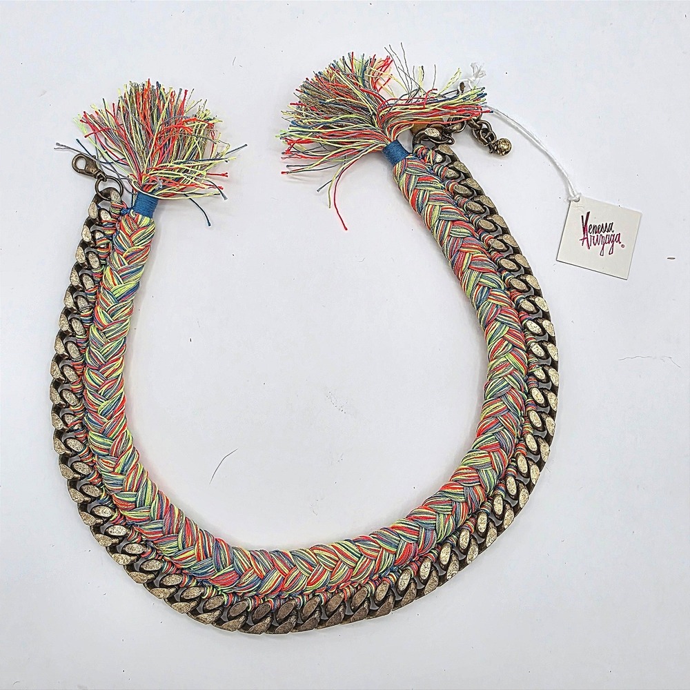 Venessa Arizaga‎ Multi Color Braided Tassel Statement Necklace Curb Chain NWT
